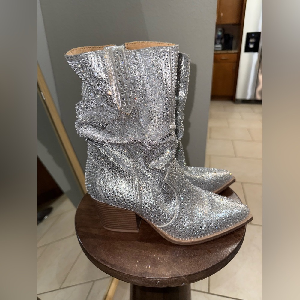 Silver Rhinestone Embellished Ankle Boots- Sinera